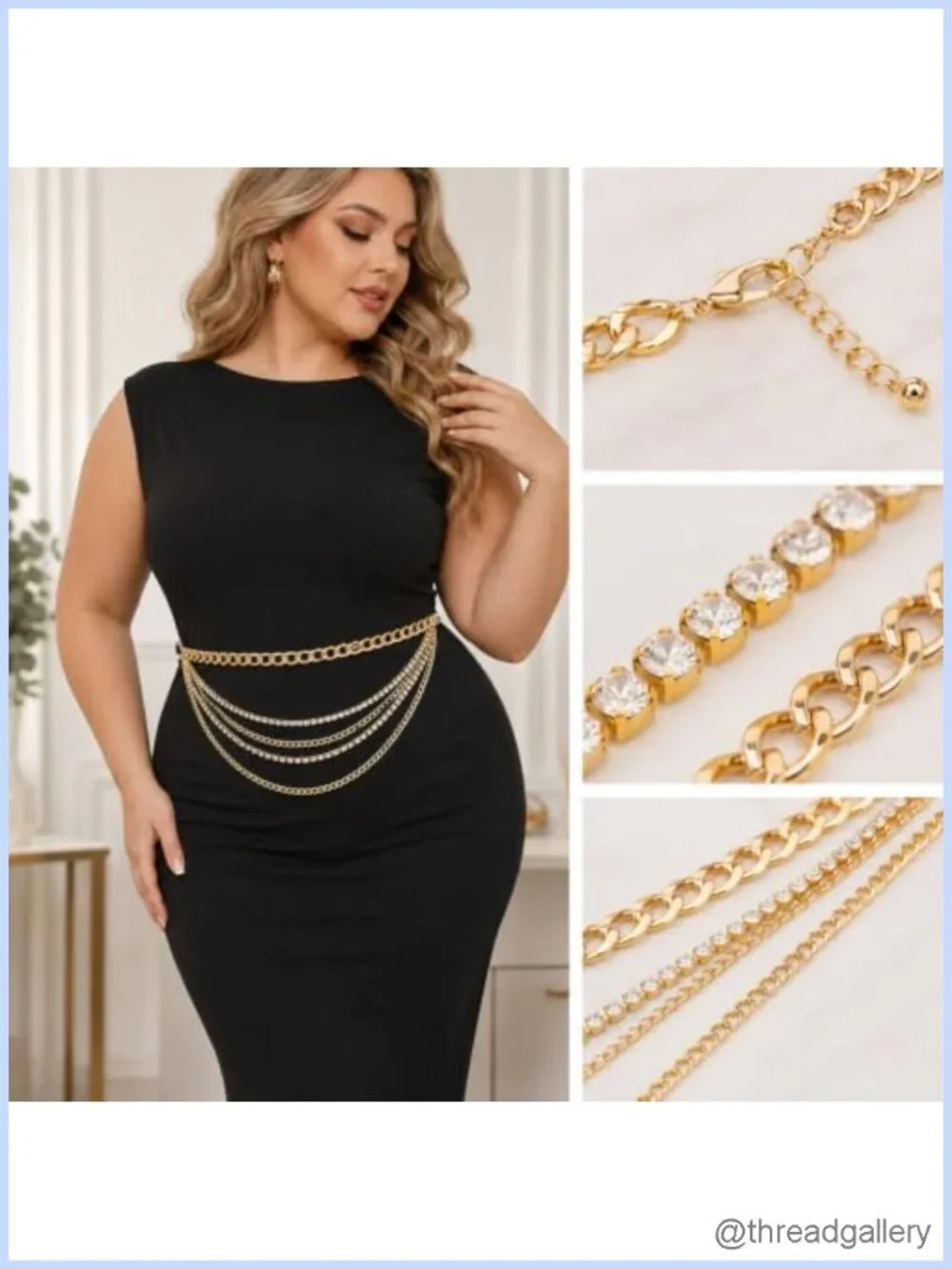 Layered Gold Chain Belt with Rhinestones Adjustable Waist Chain for Women